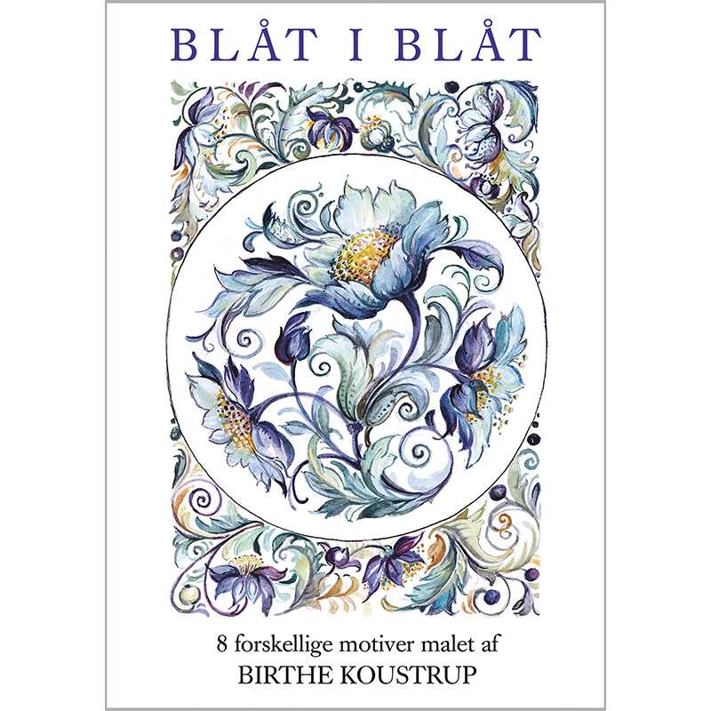 A set of decorative book covers features serene blue floral artwork with the text "Blåt i Blåt," showcasing eight different motifs painted by Birthe Koustrup. These cards are printed on environmentally certified FSC paper as part of the "Card Pack: Blue in Blue 8 cards w/envelopes.