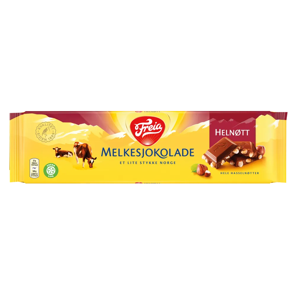Freia Helnott Melksjokolade Chocolate with Hazelnuts 200g from Norway—classic yellow packaging, cow, mountains, and hazelnut-studded chocolate bar showcase the finest Norwegian milk chocolate.