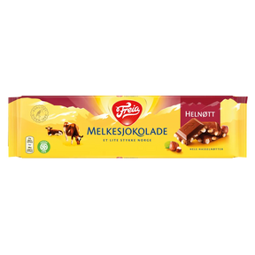 Freia Helnott Melksjokolade Chocolate with Hazelnuts 200g from Norway—classic yellow packaging, cow, mountains, and hazelnut-studded chocolate bar showcase the finest Norwegian milk chocolate.