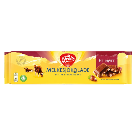 Freia Helnott Melksjokolade Chocolate with Hazelnuts 200g from Norway—classic yellow packaging, cow, mountains, and hazelnut-studded chocolate bar showcase the finest Norwegian milk chocolate.