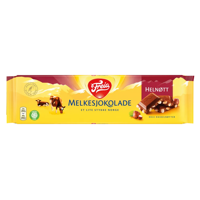 Freia Helnott Melksjokolade Chocolate with Hazelnuts 200g from Norway—classic yellow packaging, cow, mountains, and hazelnut-studded chocolate bar showcase the finest Norwegian milk chocolate.