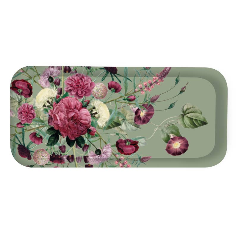 Rectangular tray with rounded edges in Nordic birch veneer, decorated with pink, red, and white flowers and green leaves on a muted green background.