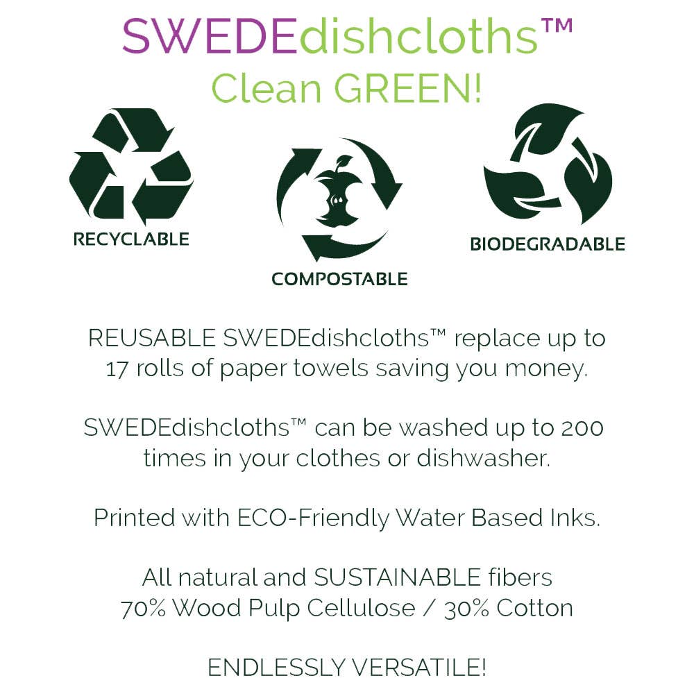Informational graphic listing features of Swedish Dish Cloth: Gnomes with Butterflies—recyclable, compostable, biodegradable, reusable up to 200 times, eco-friendly inks; super absorbent and made from wood pulp cellulose and cotton.