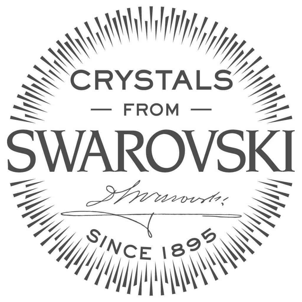 Featuring a circular logo with "Crystals from Swarovski," a stylized signature, and "Since 1895" amid sunburst lines—ideal for highlighting the May Emerald Beautiful Spiral Swarovski® Crystals Silver Earrings.