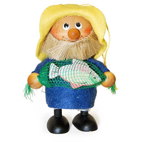 The Figurine: Scandinavian Fisherman with Fish in Net captures the charm of a handcrafted collectible, featuring a bearded fisherman in a yellow hat and blue outfit, proudly holding a fish in a green net.