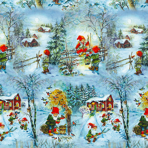 The "Gift Wrap: Tomtar Winter Activities" features a whimsical winter scene showcasing gnomes in red hats enjoying outdoor activities near snowy houses and trees, all meticulously crafted using environmentally responsible methods, such as recycled paper.