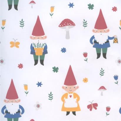 This product, Gift Wrap: Gnomes & Mushrooms, features a design of gnomes holding a plant, lantern, and heart, surrounded by flowers, butterflies, and mushrooms on a white background. Made from recycled paper, it adds whimsical charm to crafty presents, making it perfect for gift wrapping.