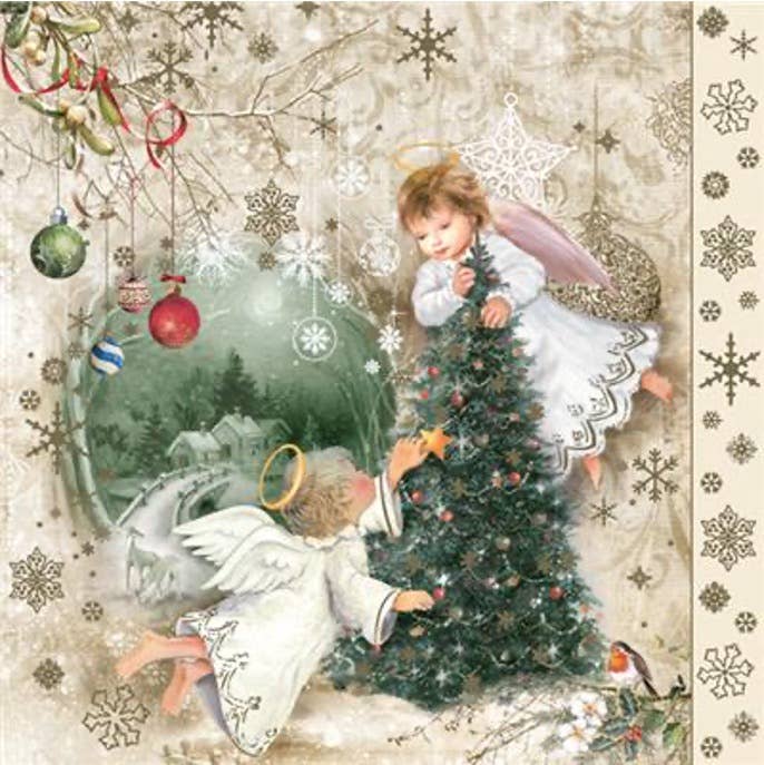 Two angels decorate a Christmas tree with ornaments and a star, surrounded by snowflakes, baubles, and a winter scene with a bird—featured on our Napkins: Vintage Angels Lunch Napkins - Christmas Paper Napkins 20 pkg.