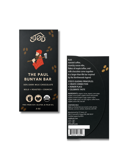 Front and back of a chocolate bar package featuring a lumberjack illustration. Text indicates 50% dark milk chocolate, maple toffee notes, and the brand STED.