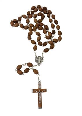 The Rosary: Olive Wood Rosary with Crucifix - 30 features handcrafted round brown olive wood beads and a silver crucifix with Jesus on the cross, displayed on a white background.