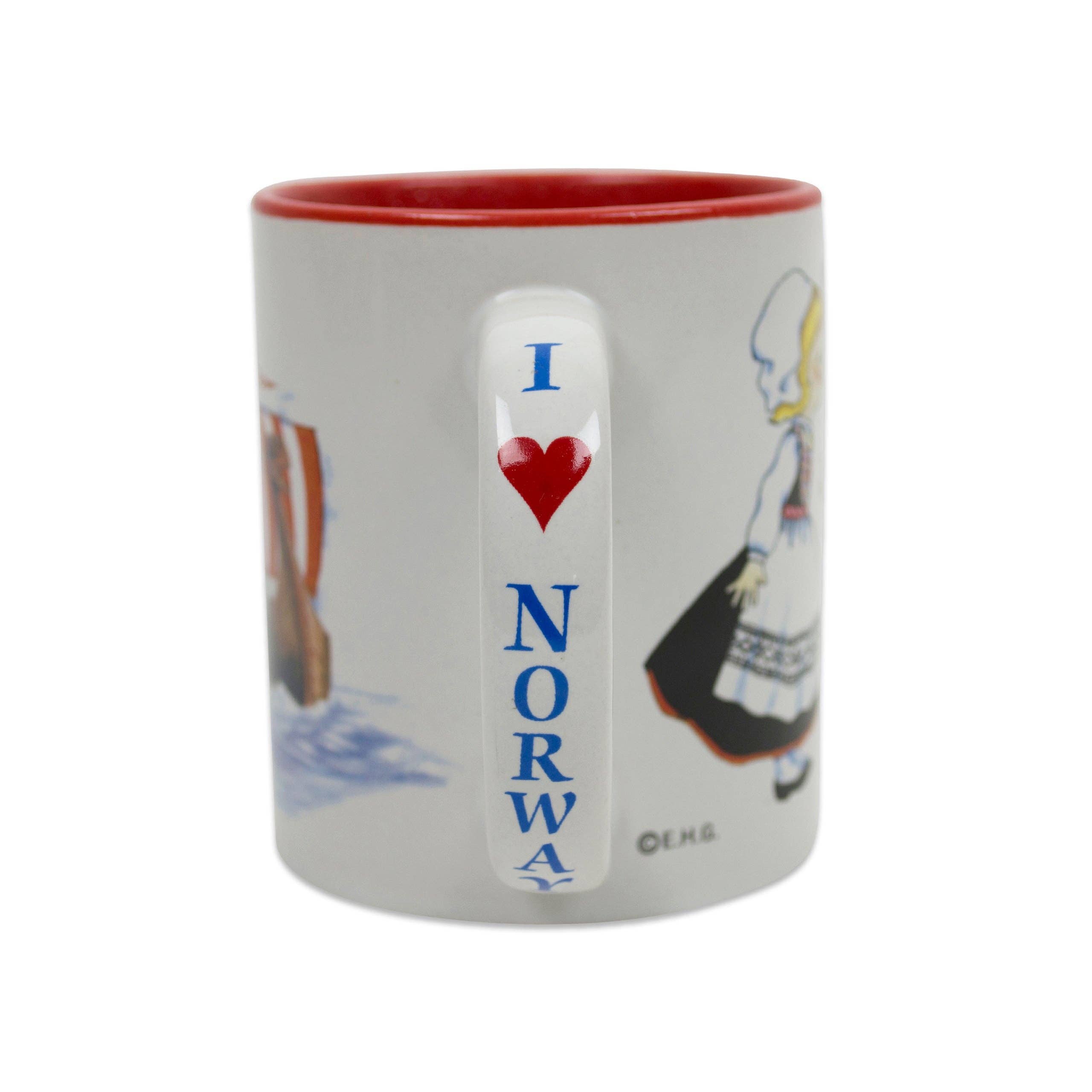 Mug: Coffee Mug I Love Norway features charming Norwegian graphics of a woman in traditional attire and a man rowing a boat on the handle, making it a perfect souvenir gift to cherish Scandinavian memories.