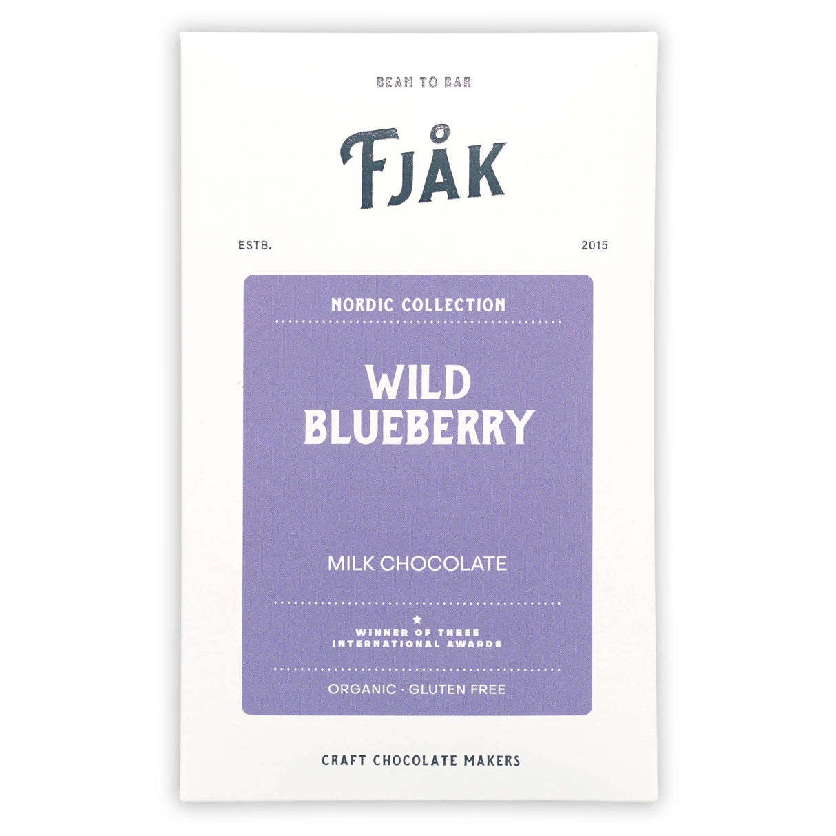 The Fjåk Nordic Collection Milk Chocolate Bar with Wild Blueberry 50% (60g) is an award-winning, organic, gluten-free Norwegian craft chocolate, packaged with a purple label.