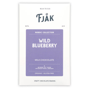 The Fjåk Nordic Collection Milk Chocolate Bar with Wild Blueberry 50% (60g) is an award-winning, organic, gluten-free Norwegian craft chocolate, packaged with a purple label.