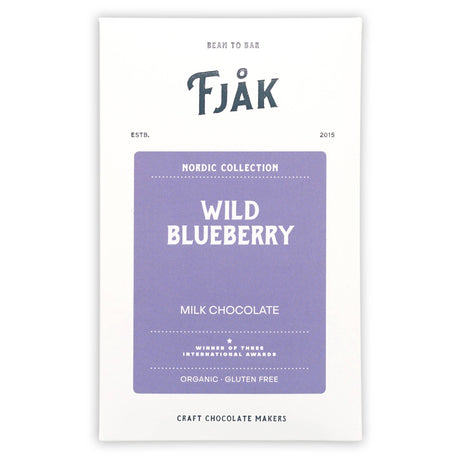 The Fjåk Nordic Collection Milk Chocolate Bar with Wild Blueberry 50% (60g) is an award-winning, organic, gluten-free Norwegian craft chocolate, packaged with a purple label.