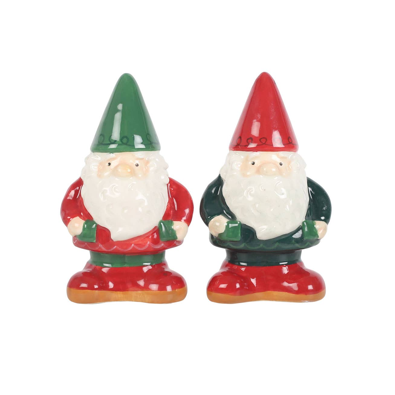 A pair of ceramic gnome figurines from the Shakers: Gnome Salt & Pepper Shakers collection, each with white beards and holding mugs. One dons a green hat and red outfit, while the other wears a red hat and green outfit. These are a delightful addition to any unique home decor collection.