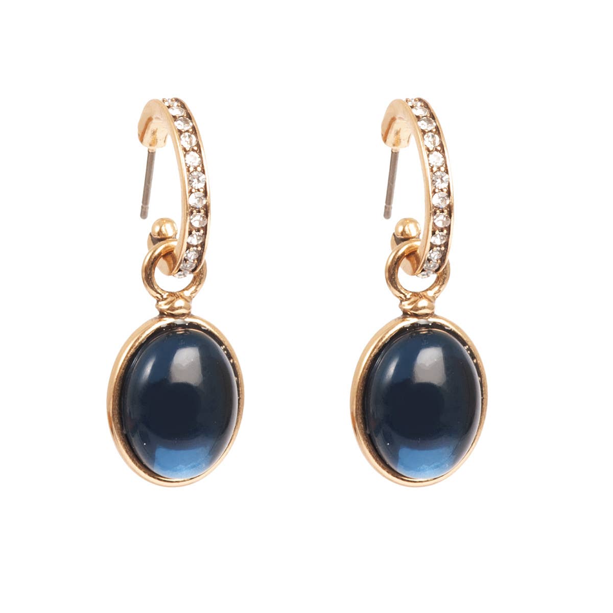 The A&C Oslo Gold Plated Earrings feature hoops with small diamonds, dangly blue oval stones, and a delicate hand-cut glass charm.