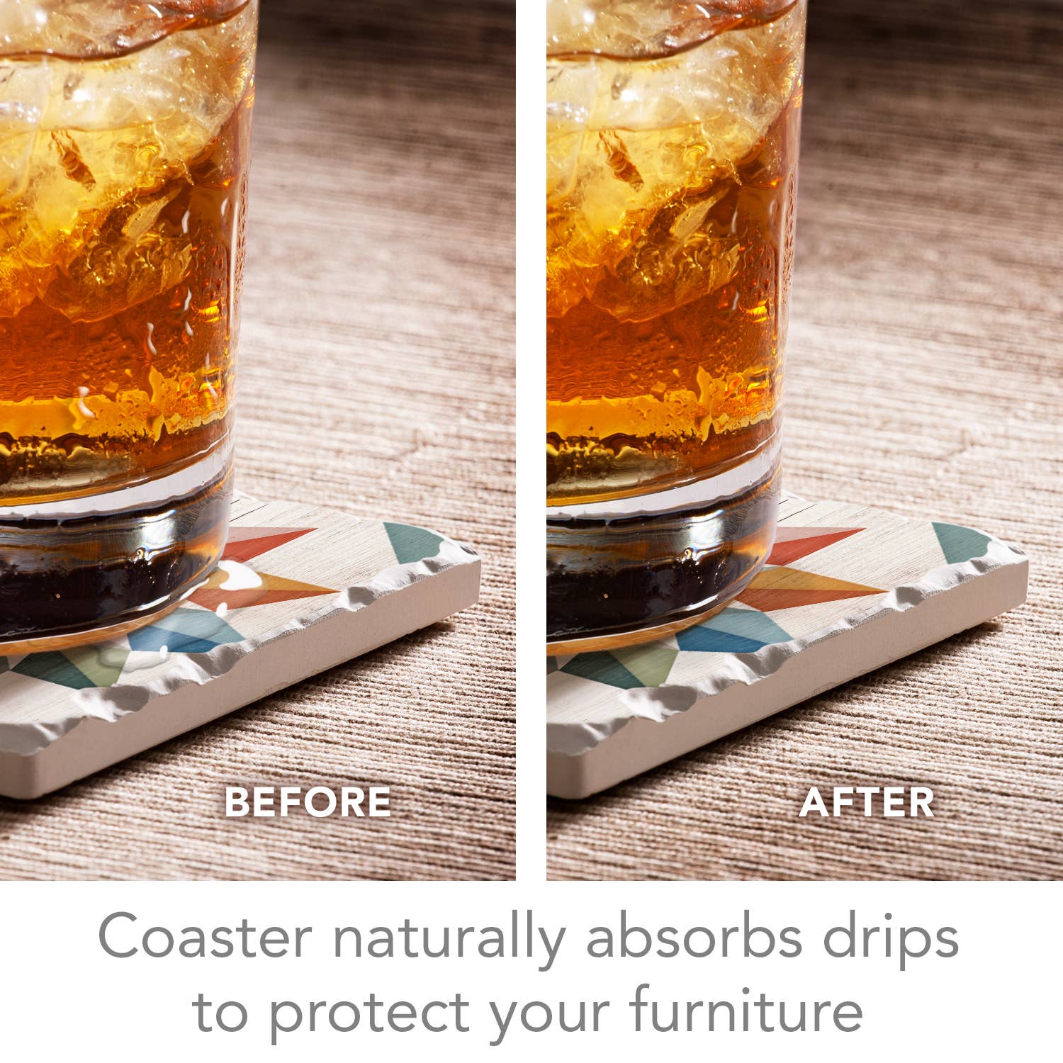 The image showcases a drink on a Barn Quilt Signs Stone Coaster with Cork Backing, split into before and after, demonstrating how the coasters cork backing absorbs drips to protect the surface.