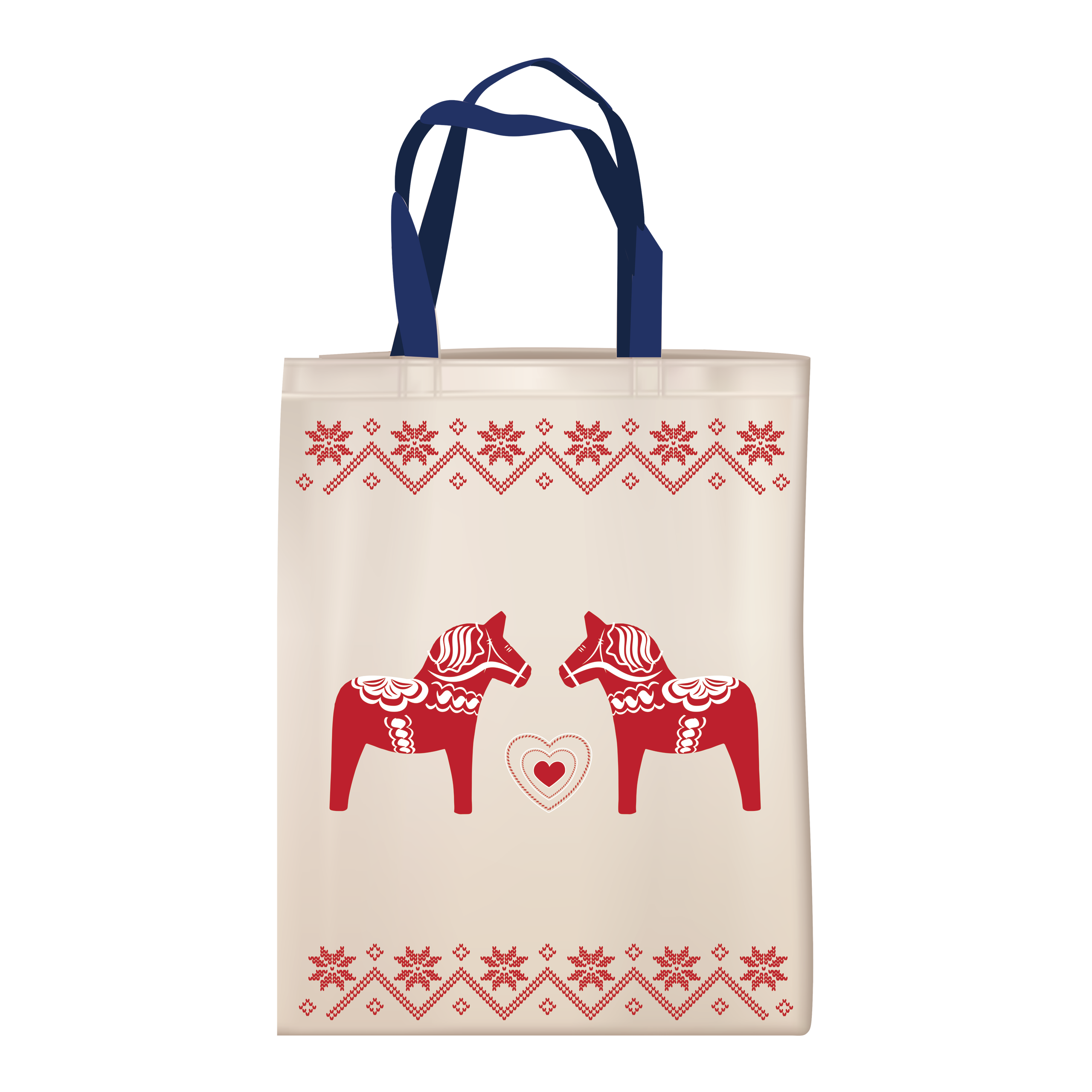 Tote Bag: Cloth tote with beige body, blue handles, and Scandinavian design—two red Dala horses facing each other with a heart in between and decorative borders on top and bottom.