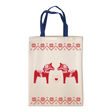 Tote Bag: Cloth tote with beige body, blue handles, and Scandinavian design—two red Dala horses facing each other with a heart in between and decorative borders on top and bottom.