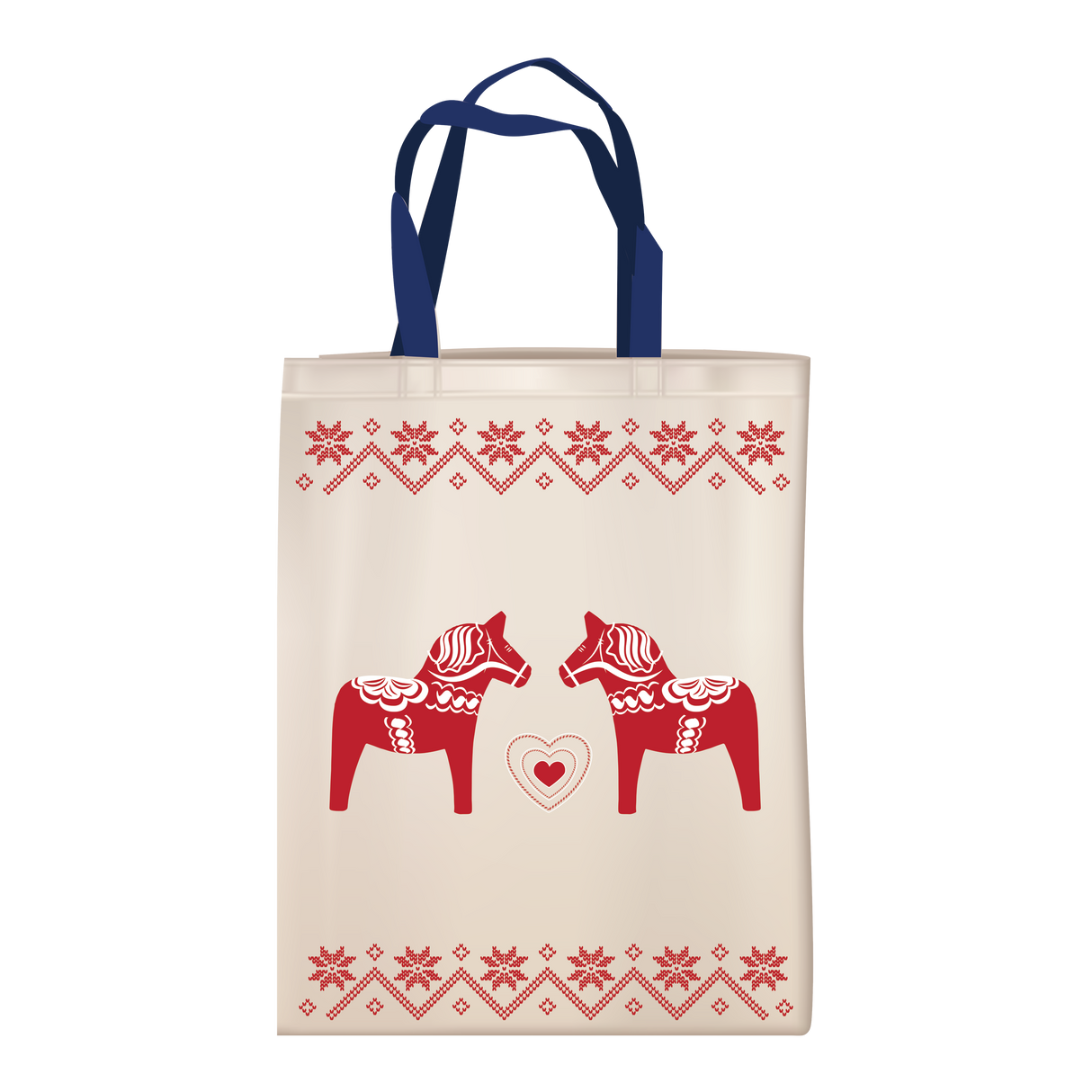 Tote Bag: Cloth tote with beige body, blue handles, and Scandinavian design—two red Dala horses facing each other with a heart in between and decorative borders on top and bottom.