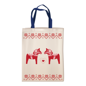 Tote Bag: Cloth tote with beige body, blue handles, and Scandinavian design—two red Dala horses facing each other with a heart in between and decorative borders on top and bottom.