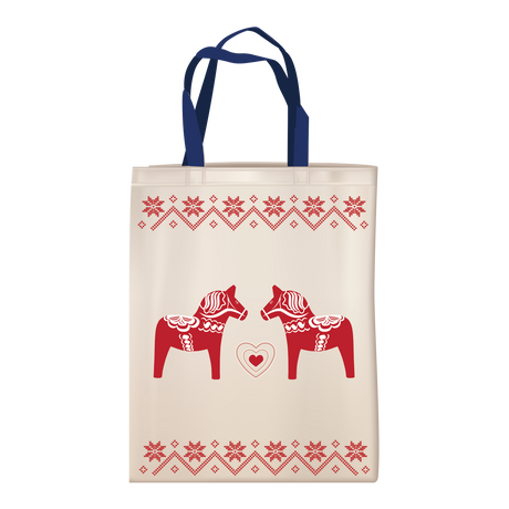 Tote Bag: Cloth tote with beige body, blue handles, and Scandinavian design—two red Dala horses facing each other with a heart in between and decorative borders on top and bottom.