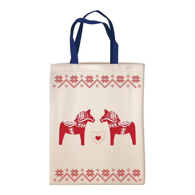 Tote Bag: Cloth tote with beige body, blue handles, and Scandinavian design—two red Dala horses facing each other with a heart in between and decorative borders on top and bottom.