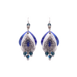 Matte silver and blue dangle Party Peacocks earrings with intricate leaf designs and hanging blue beads, featuring fish-hook backs—perfect for any festive occasion.