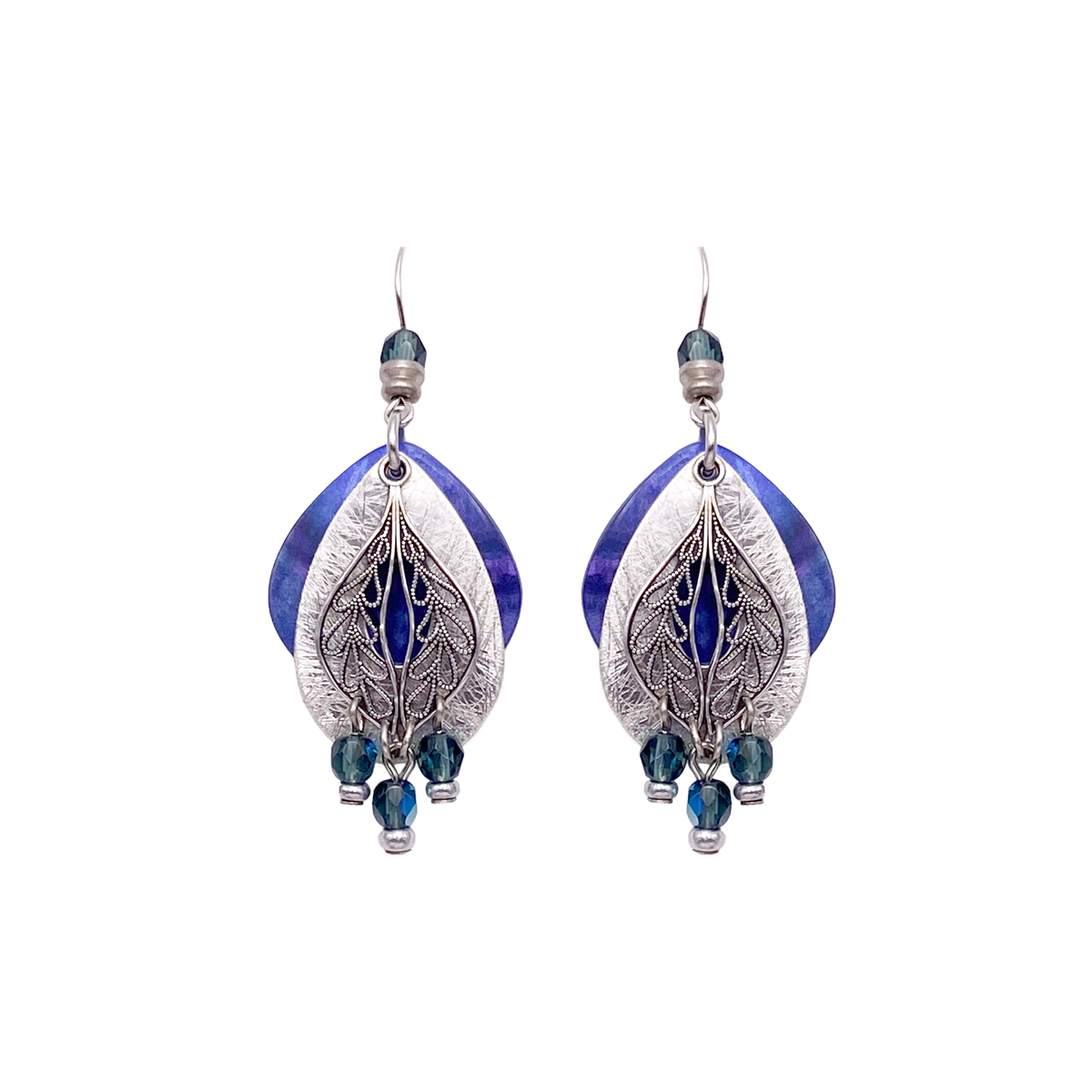 Matte silver and blue dangle Party Peacocks earrings with intricate leaf designs and hanging blue beads, featuring fish-hook backs—perfect for any festive occasion.