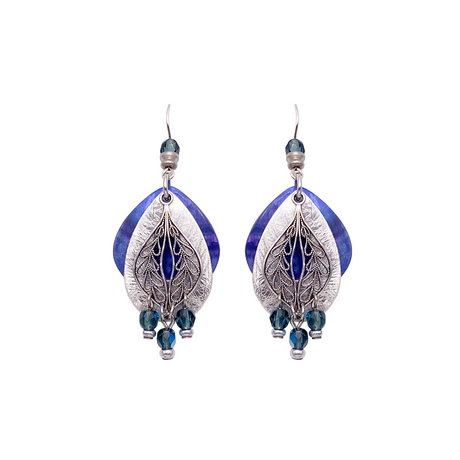 Matte silver and blue dangle Party Peacocks earrings with intricate leaf designs and hanging blue beads, featuring fish-hook backs—perfect for any festive occasion.