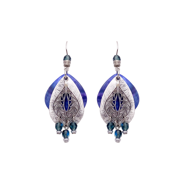 Matte silver and blue dangle Party Peacocks earrings with intricate leaf designs and hanging blue beads, featuring fish-hook backs—perfect for any festive occasion.
