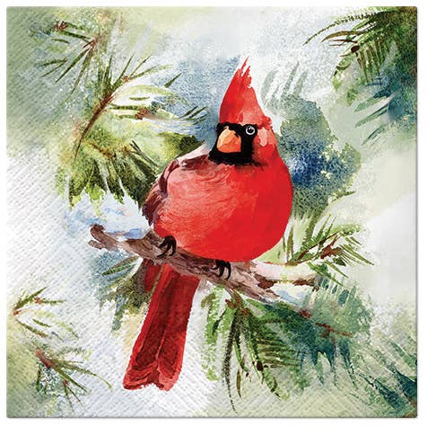 A red cardinal perched among green pine needles on a softly painted background adds festive charm to your table with the Napkins: Winter Cardinal Lunch Napkins - Christmas Paper Napkins.