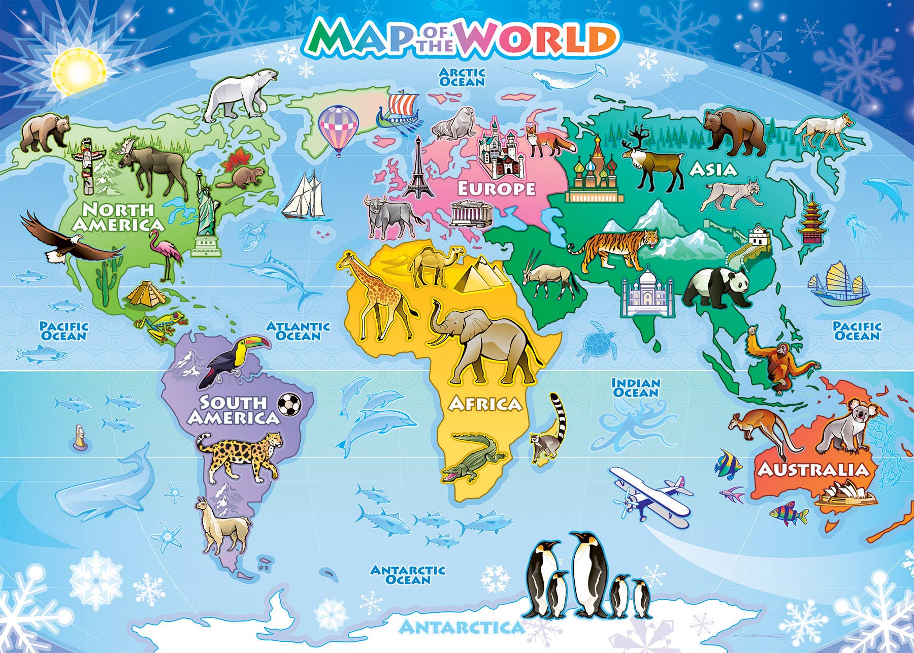 The "Puzzle: World Map (tray) 35pc puzzle" is an ideal choice for children aged 3 and up, offering sizable pieces that showcase continents adorned with animals and landmarks. It covers regions including North America, South America, Europe, Africa, Asia, Australia, and Antarctica. The puzzle is enhanced with ocean names to provide an educational journey.