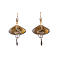 Fantan Fannies two-tone fish-hook earrings feature engraved fan-shaped elements, white snake-like accents, and dangling metallic beads.