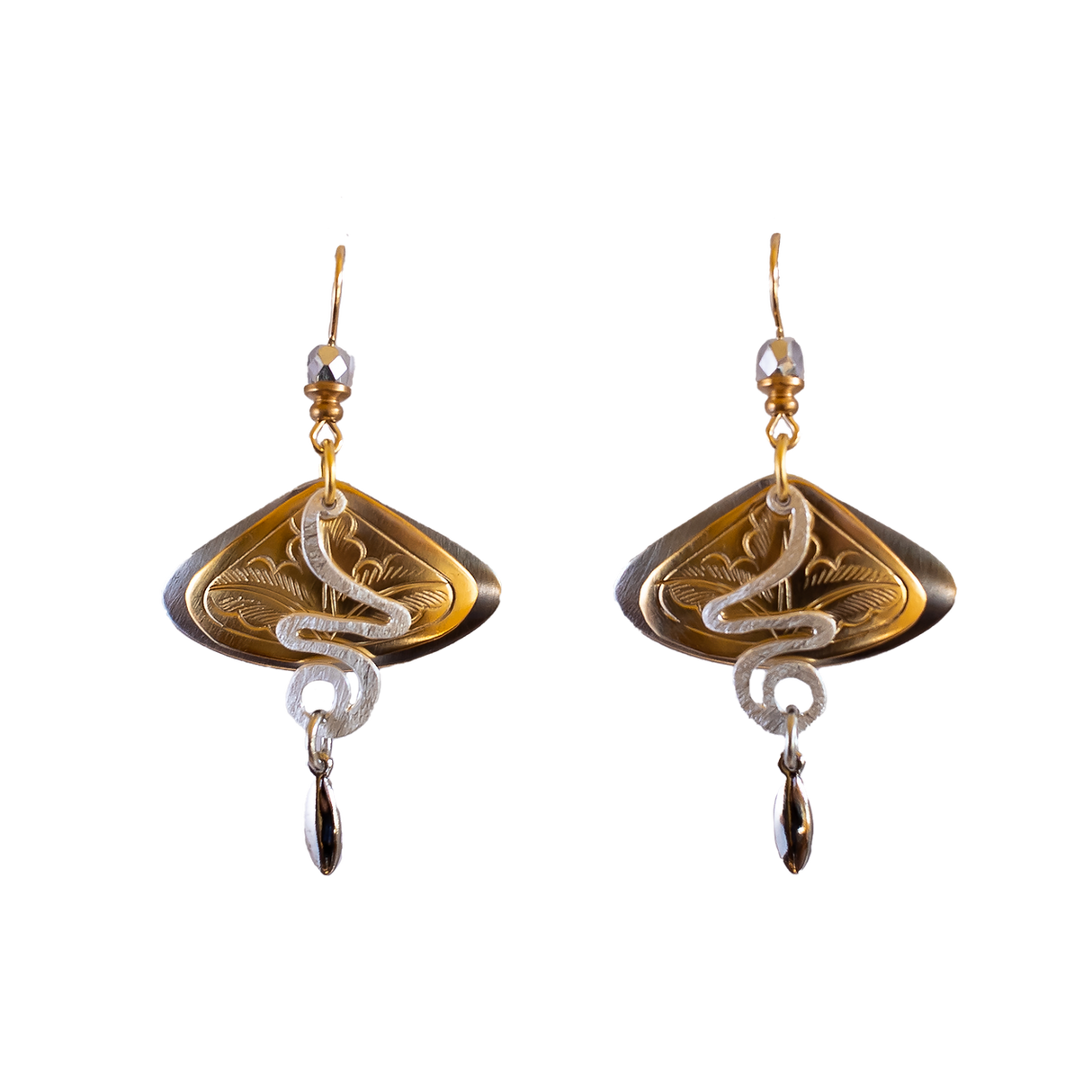 Fantan Fannies two-tone fish-hook earrings feature engraved fan-shaped elements, white snake-like accents, and dangling metallic beads.