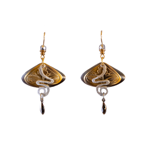 Fantan Fannies two-tone fish-hook earrings feature engraved fan-shaped elements, white snake-like accents, and dangling metallic beads.