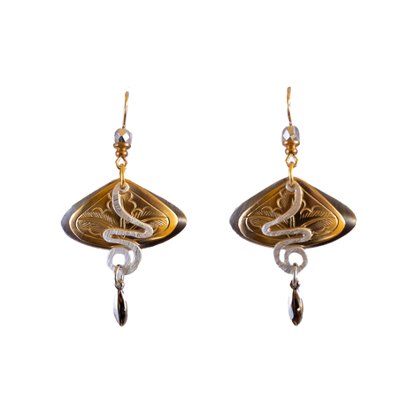 Fantan Fannies two-tone fish-hook earrings feature engraved fan-shaped elements, white snake-like accents, and dangling metallic beads.