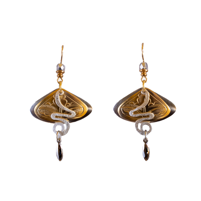 Fantan Fannies two-tone fish-hook earrings feature engraved fan-shaped elements, white snake-like accents, and dangling metallic beads.