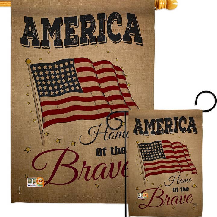 The Flag: America Home of the Brave Americana Star and Stripes Flag displays an American flag graphic, AMERICA Home of the Brave text, and yellow stars on a beige background for a patriotic garden accent.