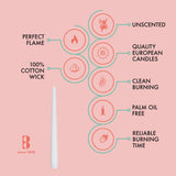 Infographic of 10 inch white unscented taper candle from the 4 Pack—features 100% cotton wick, perfect flame, clean burning, dripless, palm oil free, quality European craftsmanship, and reliable burn time. Also in red or ivory.