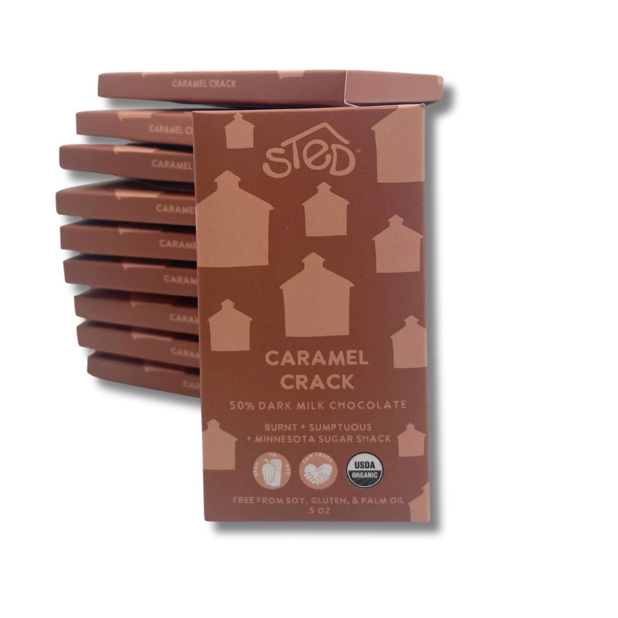 A stack of milk chocolate bars with minimalist brown and tan wrappers, each displaying a simple house-shaped graphic.
