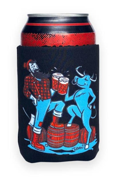 The Can Cozy: Paul & Babe Cheers wraps snugly around your beverage, showcasing a whimsical illustration of the legendary lumberjack duo, Paul and Babe, joyfully dancing on rustic barrels. It's an ideal choice for keeping your drink chilled with flair.