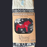 A pair of Swedish Passport Co Viking Knits Red Dala Horse Black and Natural Wool Socks (70% wool, medium), featuring a Nordic design with a classic Swedish motif.