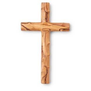 Ornament "Jesus" Cross with natural olive wood grain patterns on a plain white background, sourced from Bethlehem, Israel - 4 inches in size.