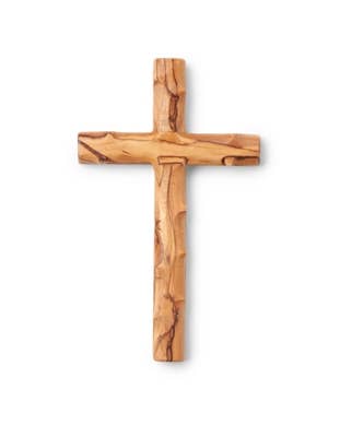 The Cross: Large Wall Cross with Knots (5.5) is handcrafted from Bethlehem olive wood in Israel, showcasing natural knots and wood grain with a smooth finish, displayed against a white background.