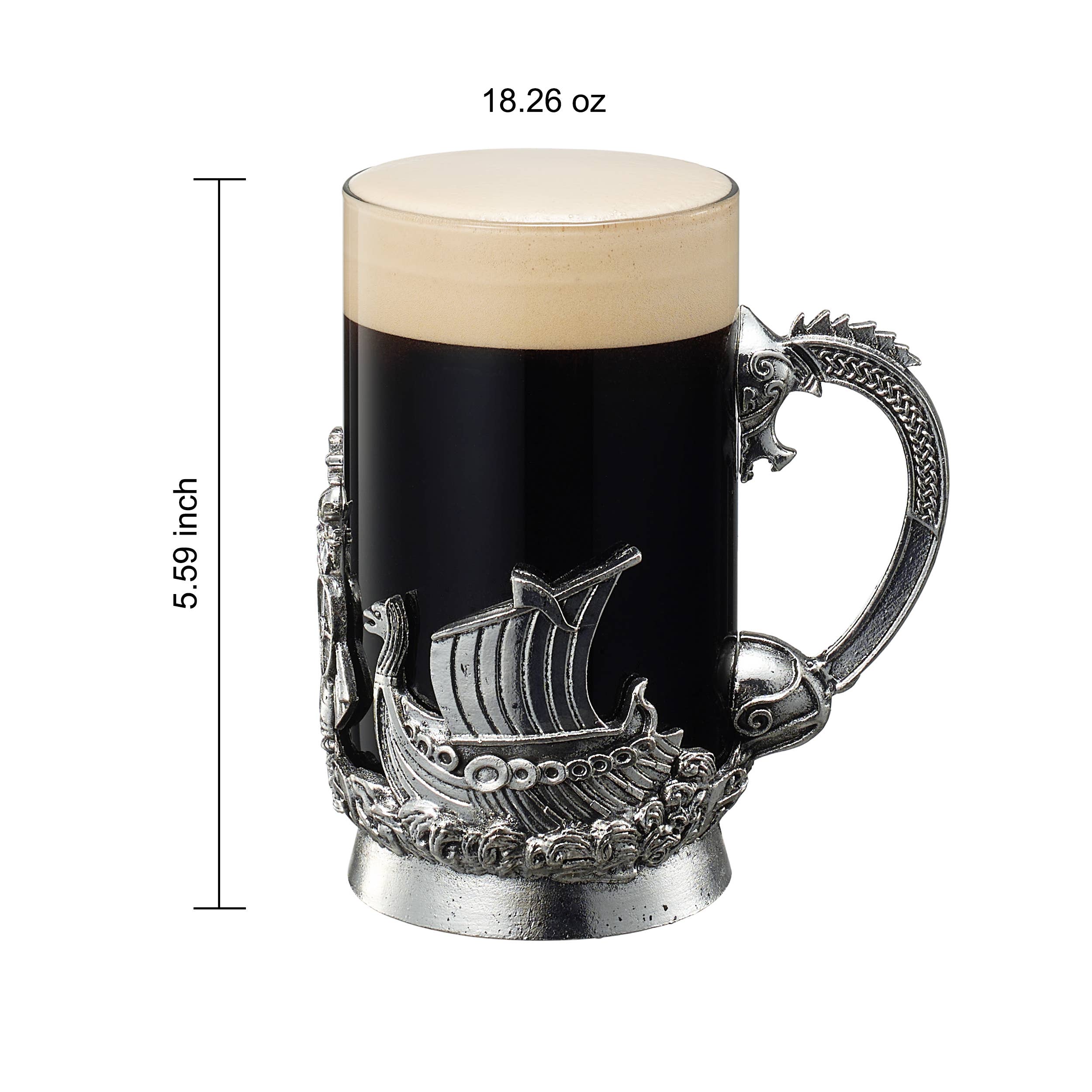 The Mug: Viking & Mythological Pewter Beer & Water Glass, 18OZ features a Nordic Viking design with dragon and ship, holds 18 oz, measures 5.59 inches tall, and is perfect for serving dark beer with foam.