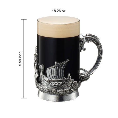 The Mug: Viking & Mythological Pewter Glass – 18 oz features a Viking ship design with pewter medieval engravings, stands 5.59 inches tall, and is ideal for enjoying dark beer with a foamy head—a perfect Norse drinkware piece.