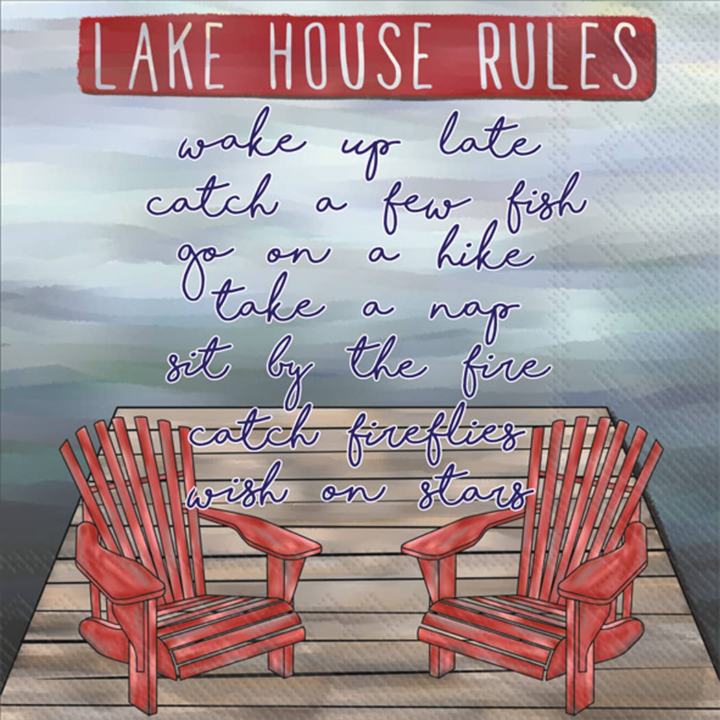 Image of a wooden dock with Adirondack chairs featuring Lake House Rules from the Napkins: Lake House Rules 20 Cocktail Napkins per Package: wake up late, catch fish, go on a hike, nap, sit by the fire, catch fireflies, wish on stars.