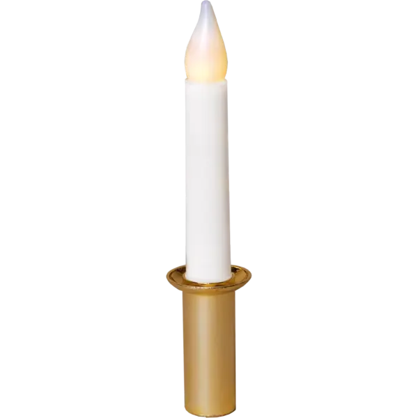 A glowing white candle in a gold stand, complemented by a gentle LED light for contemporary flair.