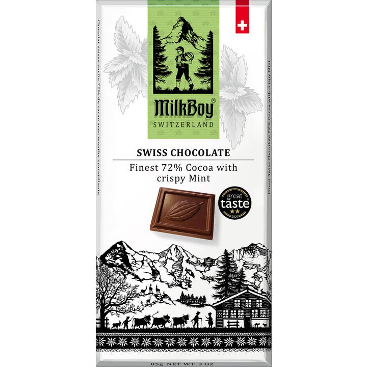 Front of a MilkBoy Switzerland 72% Cocoa with Crispy Mint chocolate bar package, showing mountain scenery, a chocolate square, mint leaves, and text highlighting its 72% cocoa content with crispy mint.